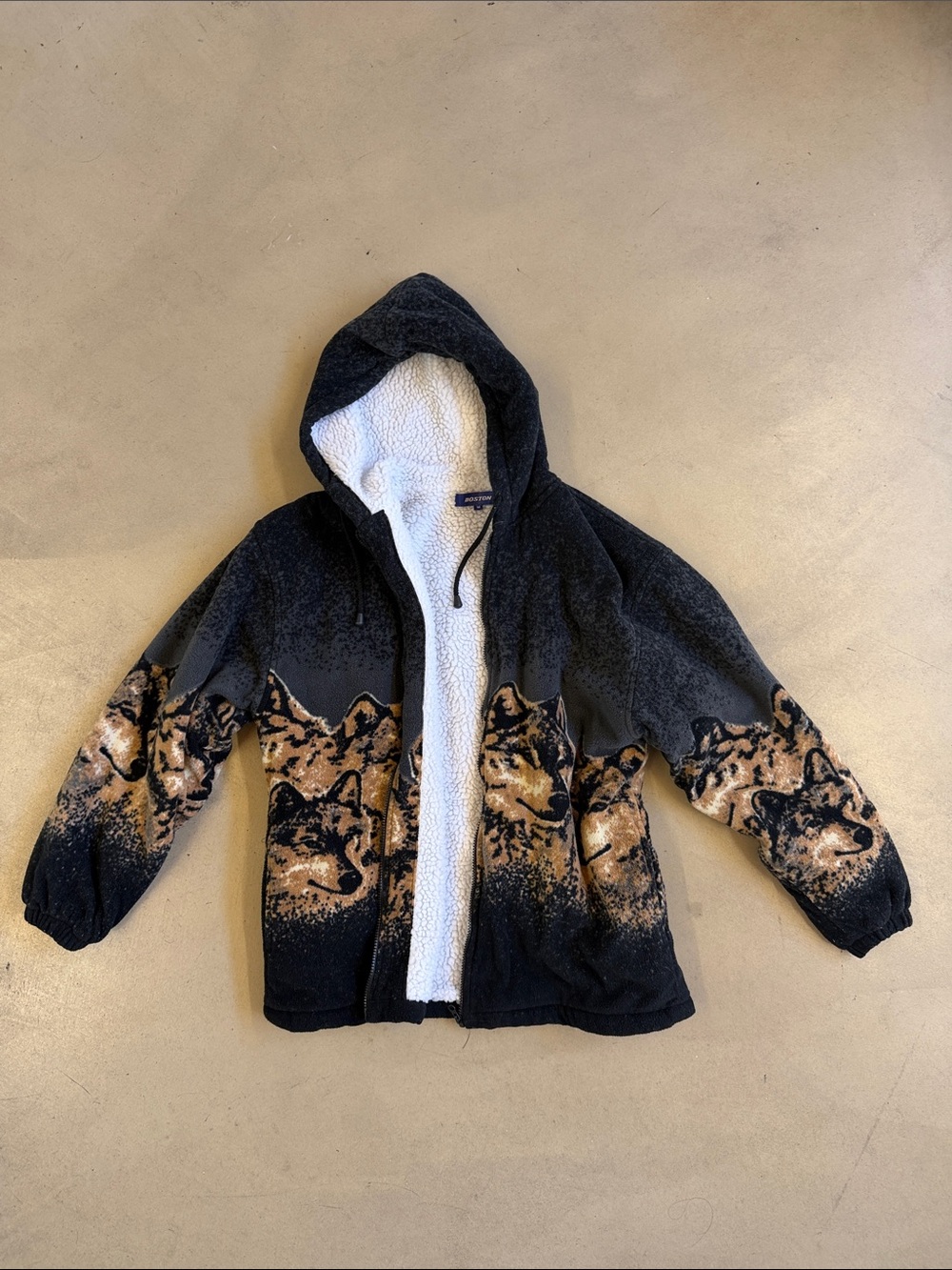 Black Hooded Sherpa Jacket with Wolf Graphic